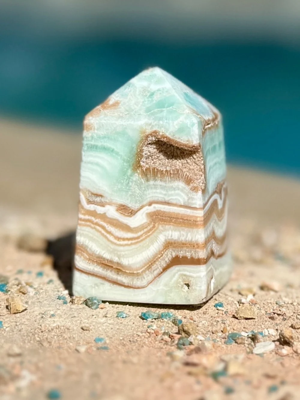 AAA Caribbean Blue Green Banded Aragonite Calcite Crystal Tower